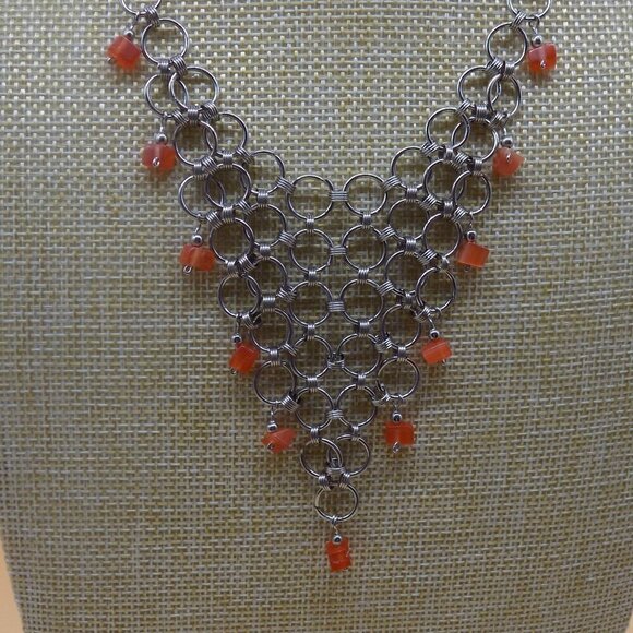 Vintage Mesh Choker Bib Necklace Silver Tone Orange Glass Square Beads - Picture 6 of 11